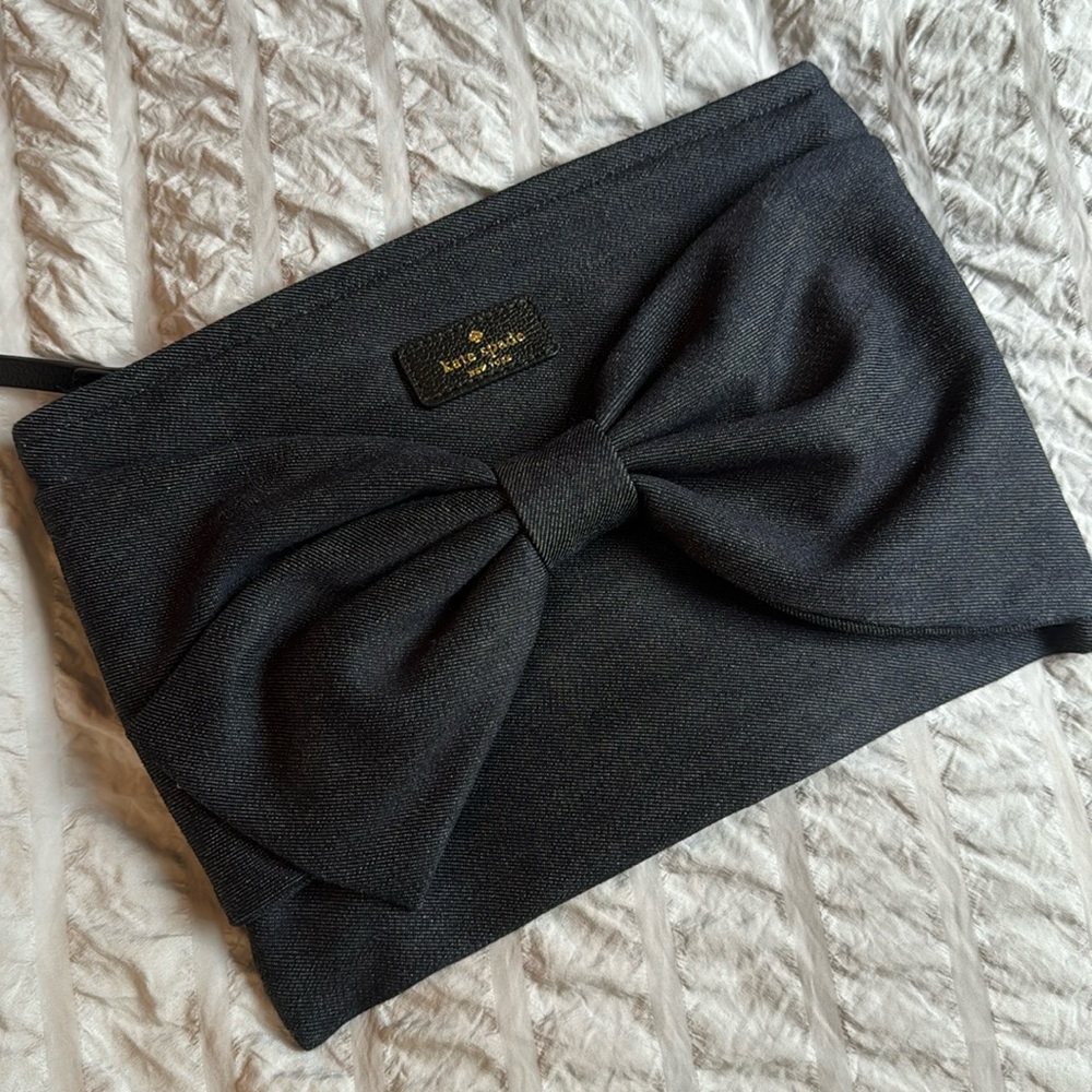 Kate Spade Denim Blue Bow Envelope Clutch Wristlet 10" x 7" EUC